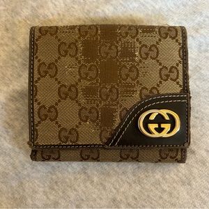 Authentic Gucci GG Brown Leather & Canvas New Britt Bi-Fold Wallet